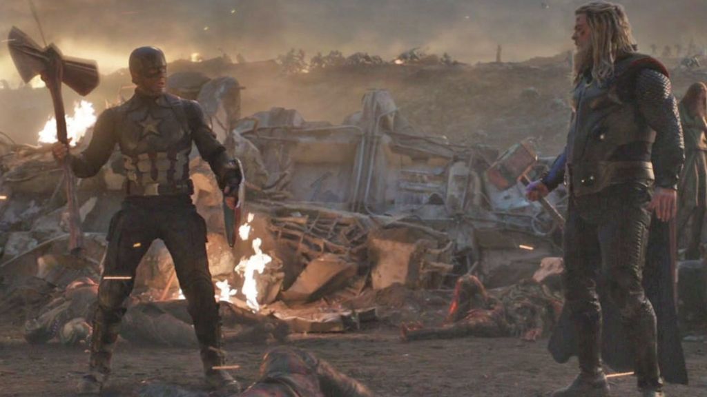 Captain America holding Mjolnir in the MCU.