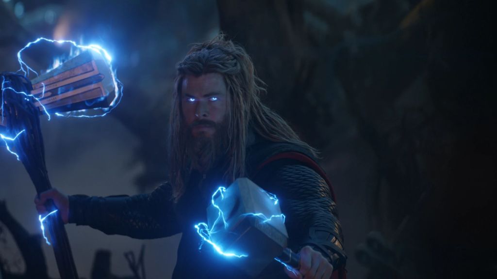 Thor holding his weapons in Avengers: Endgame.