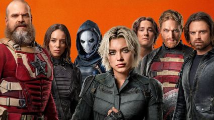 The Thunderbolts in front of an orange background.