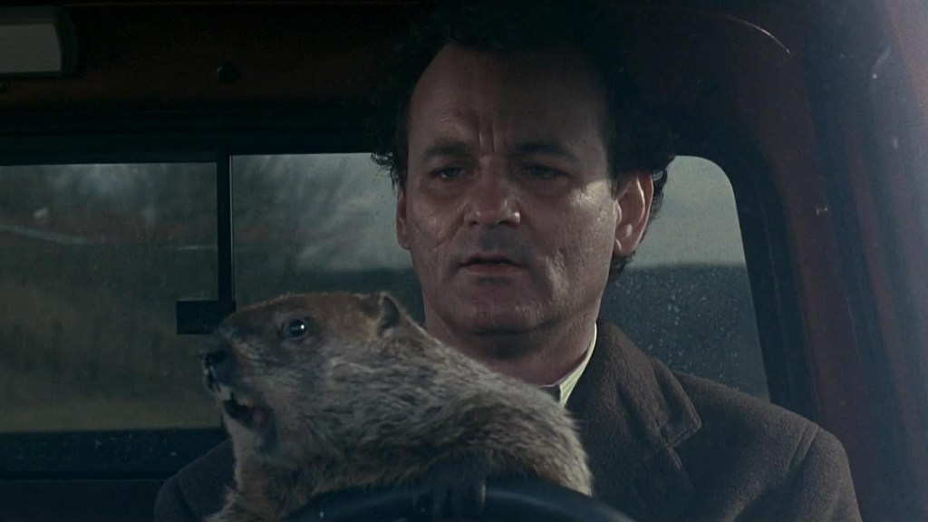 Bill Murray letting Punxatawney Phil drive a truck in Groundhog Day