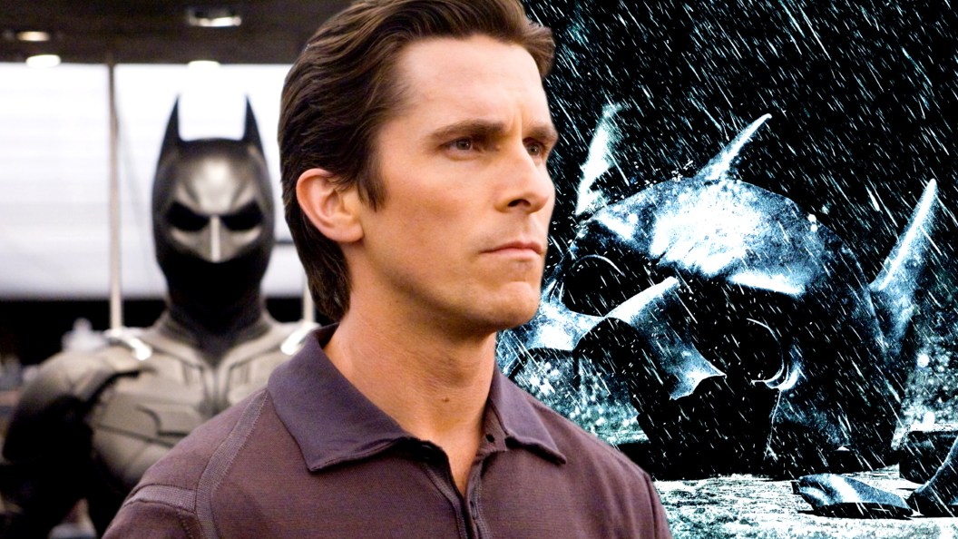 Bruce Wayne (Christian Bale) in The Dark Knight, and Batman's broken mask from The Dark Knight Rises