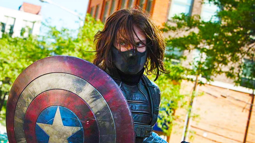 Bucky Barnes with Captain America's shield in The Winter Soldier