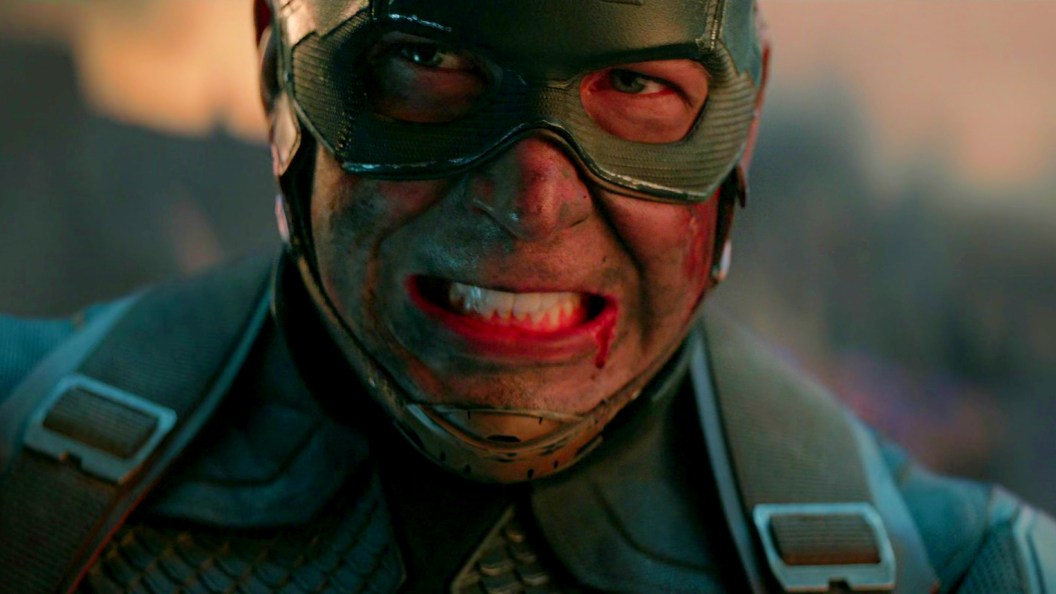 Captain America (Chris Evans) grimacing while fighting Thanos in Avengers Endgame