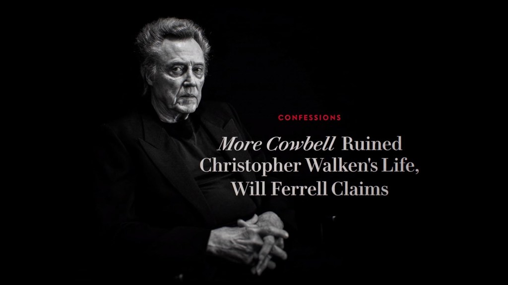A black-and-white photo of Christopher Walken with text "Confessions: 'More Cowbell' Ruined Christopher Walken's Life, Will Ferrell Claims."
