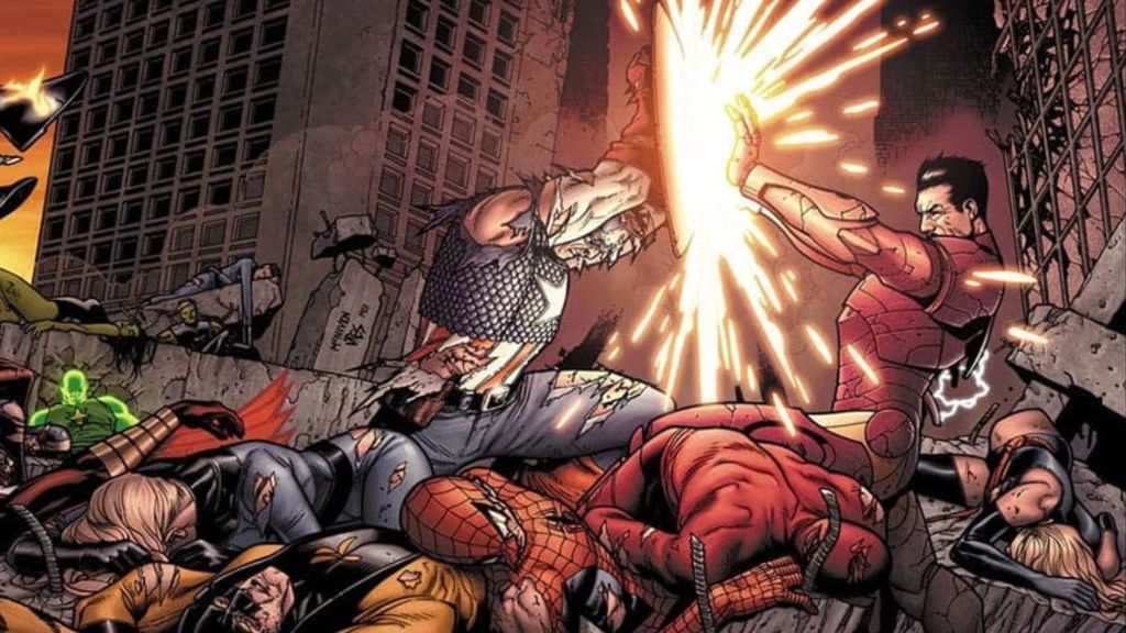 Captain America and Iron Man fight against each other in Civil War comics cover