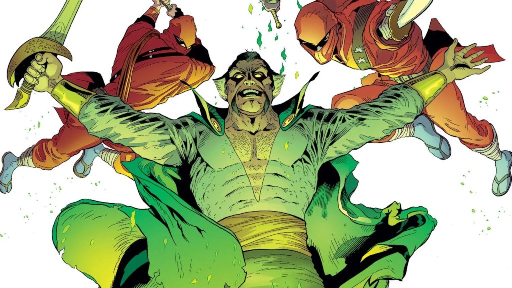 Ra's al Ghul with his arms spread, holding a sword, with ninjas behind him