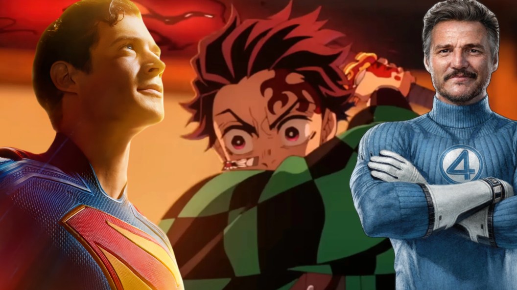 Key art for Demon Slayer, Superman, and The Fantastic Four: First Steps