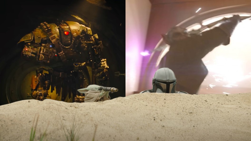 Din Djarin, Grogu, Zeb, and a droid in The Mandalorian and Grogu trailer