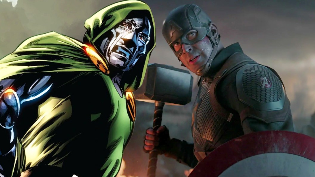 Doctor Doom in Marvel Comics and Captain America (Chris Evans) with Mjolnir in Avengers Endgame