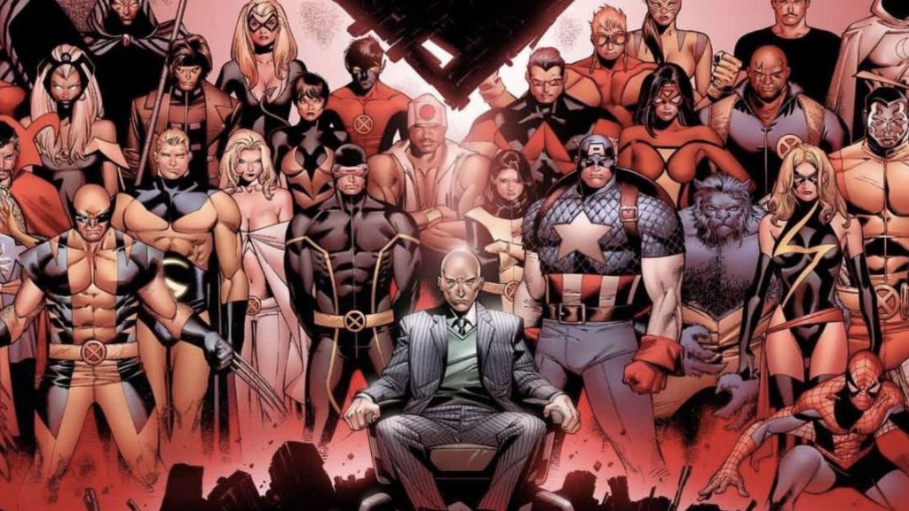 House of M cover photo featuring Magneto seating in the center while Marvel and X-Men heroes are standing behind