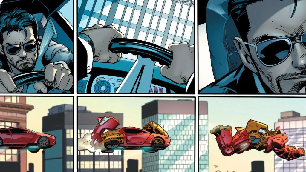 Comic panel featuring Tony driving the  Hulkbuster Car