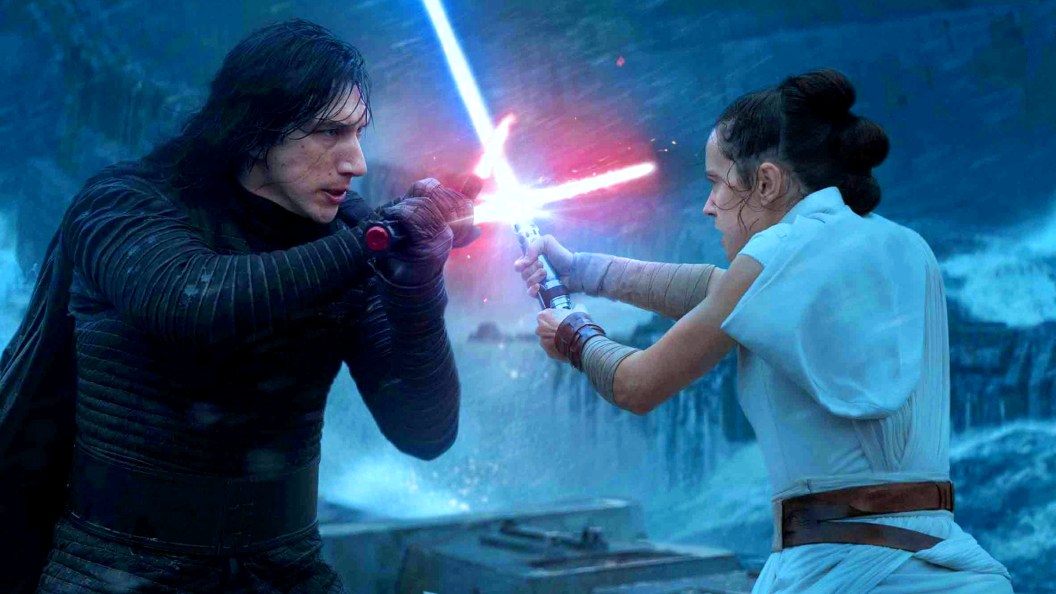 Kylo Ren and Rey having a lightsaber duel in Star Wars The Rise of Skywalker