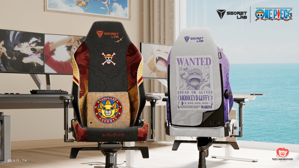 Secretlab TITAN Evo chair with luffy design, Thousand Sunny pillow, and gear 5 skin
