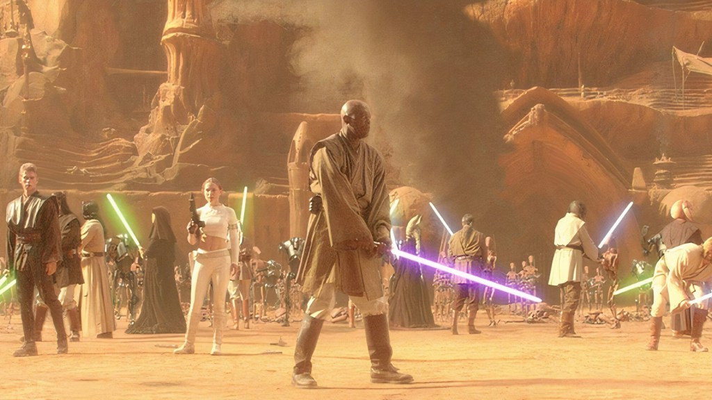 Mace Windu and other Jedi at the Battle of Geonosis in Star Wars Attack of the Clones