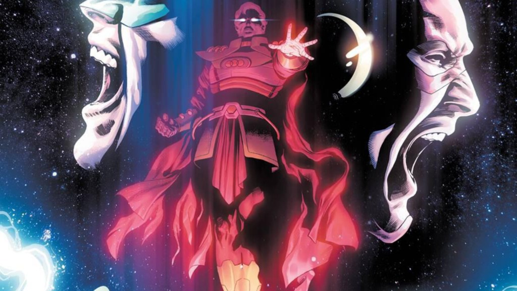 Pariah looking evil reaching out a hand with the screaming faces of Hal Jordan and Barry Allen at either side of him