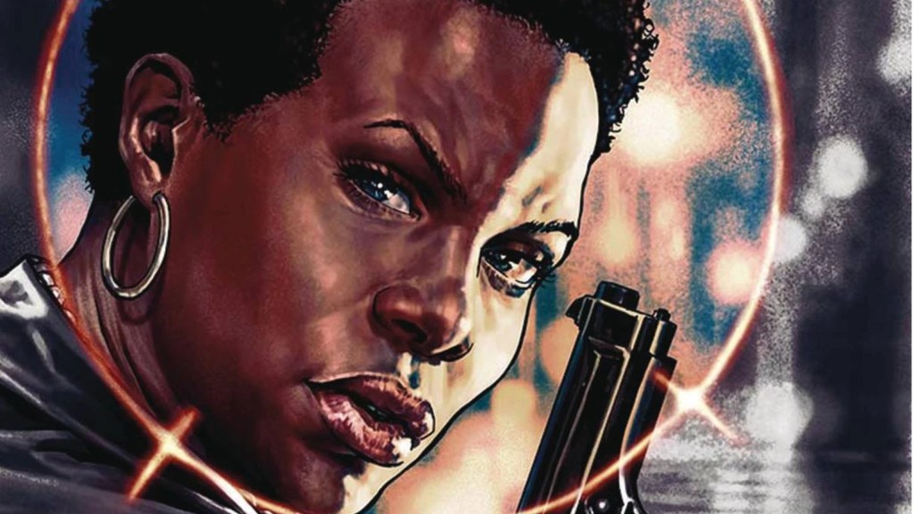 Amanda Waller holding a gun with her head in the crosshairs of a sniper scope