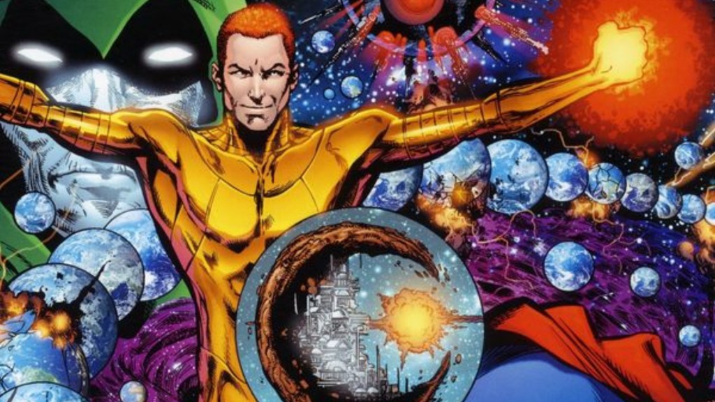 Alexander Luthor with arms spread, surrounded by Earths, with the Spectre behind him