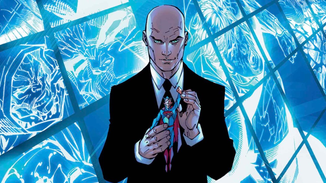 Lex Luthor holding a Superman tou in front of a bunch of screens