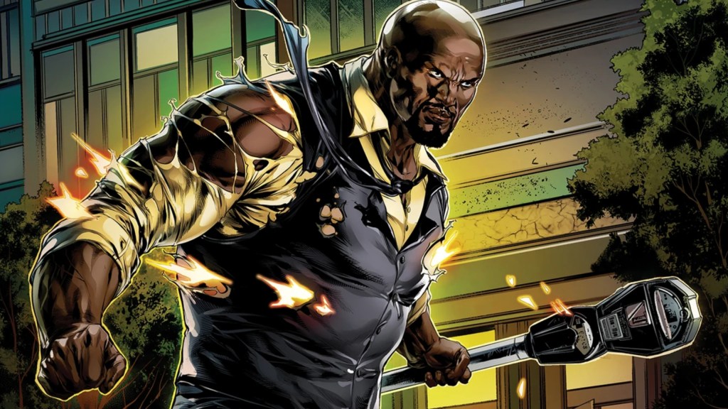 Luke Cage getting shot with a parking meter in his hand