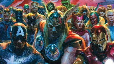 The Avengers standing together, drawn by Alex Ross