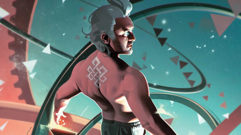 Resurrection Man standing in front of the gears of the universe