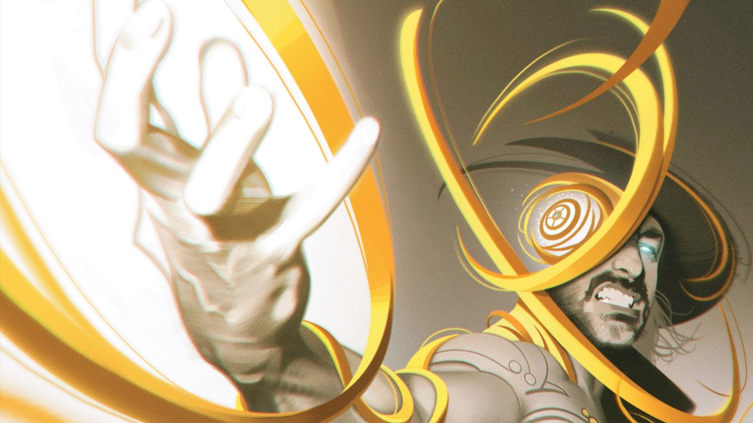 Resurrection Man, his body becoming golden gears, his hand outstretched with energy wreathing it