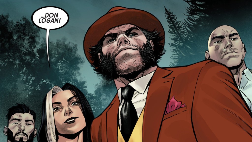 Wolverine dressed to the nines as a mob boss with Donna Angelina Andiamo