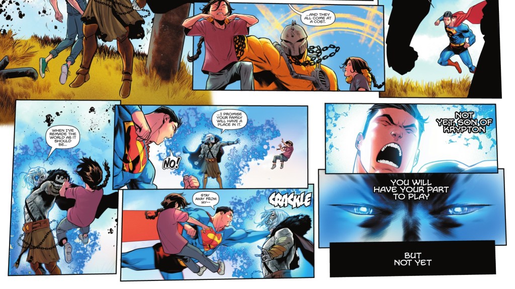 Superman dealing with Kryl-Ux and his invaders before being pulled away