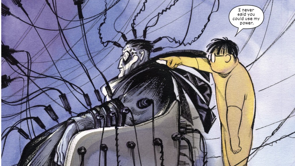 Kageyama behind the Maester with his finger to the back of the Maester's head