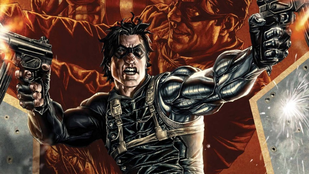 The Winter Soldier firing two handguns with a red star behind him