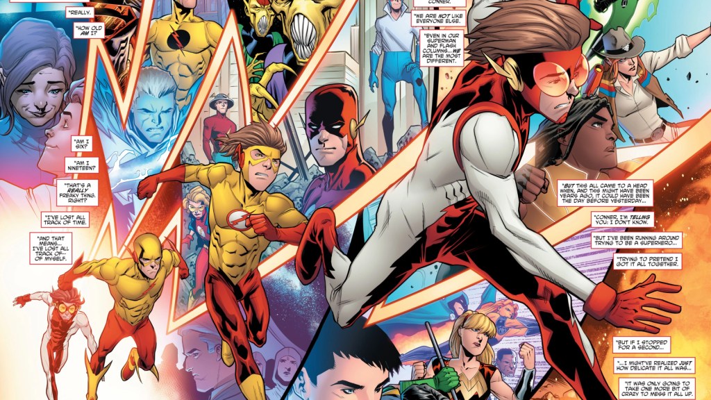 Bart Allen in his various costumes, with events from his life and the history of Young Justice happening around him