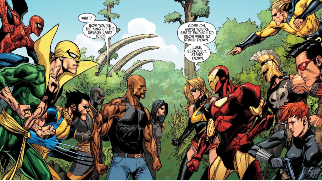 The New Avengers facing off against the Mighty Avengers in the Savage Land in Secret Invasion