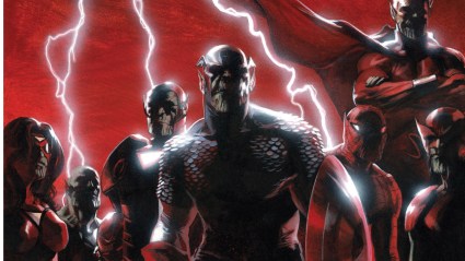 Spider-Woman, Spider-Man, Iron Man, Captain America, Luke Cage, Wolverine, and the Sentry as Skrulls from the cover of Secret Invasion #1