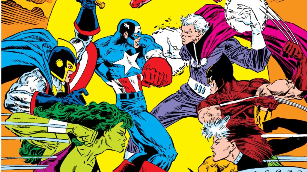 She-Hulk, Black Knight and Captaoin America fighting against Magneto, Wolverine, and Rogue