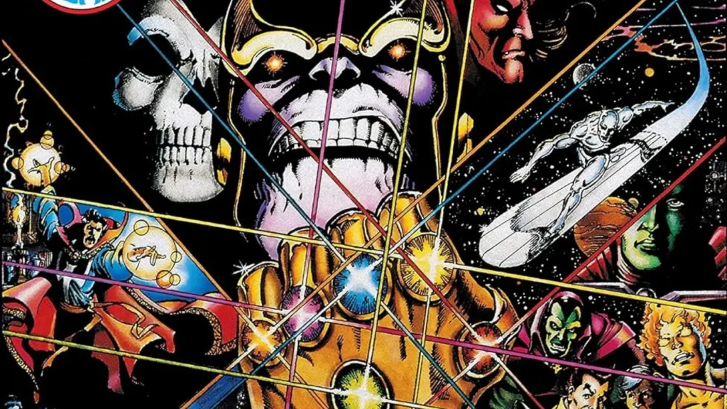 Thanos holding the Infinity Gauntlet surrounded by Mistress Death, Silver Surfer, Mephisto, Doctor Strange, Drax, and Starlord