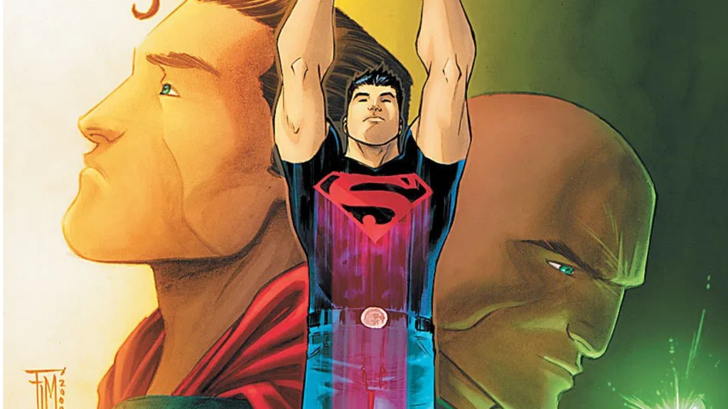 Superboy flying with Superman and Lex Luthor behind him