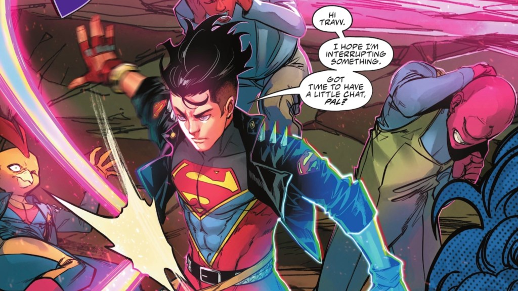 Superboy protecting aliens from his enemy Travy