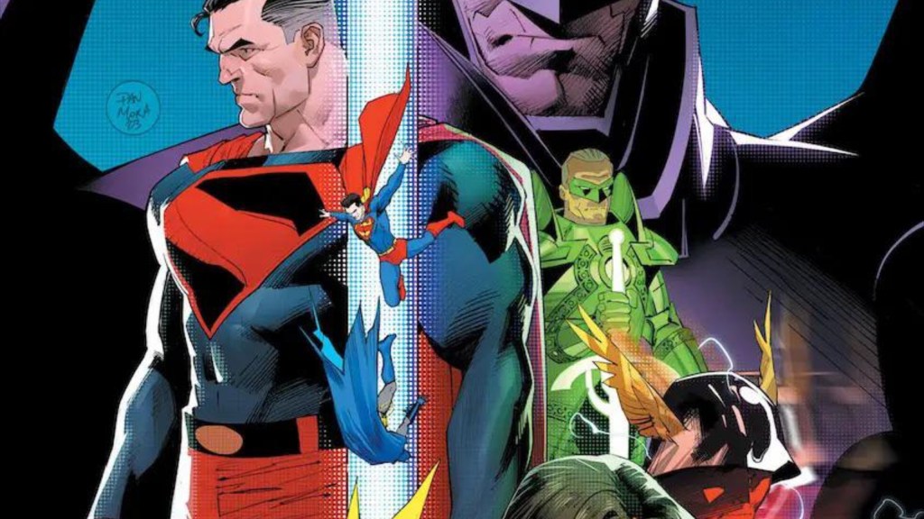 Superman and Batman falling downa shaft of light in front of Kingdom Come Superman, Batman, and Green Lantern