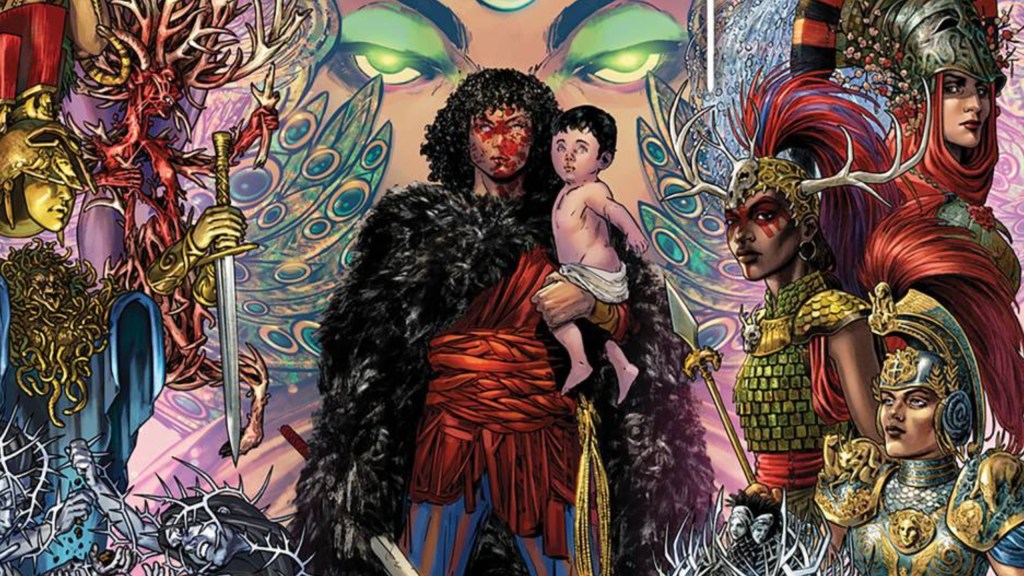 An Amazon holding a baby surrounded by the Greek Gods and other Amazons