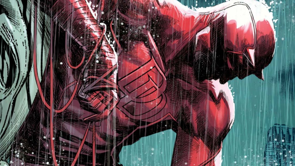 Daredevil leaning on a statue in the rain