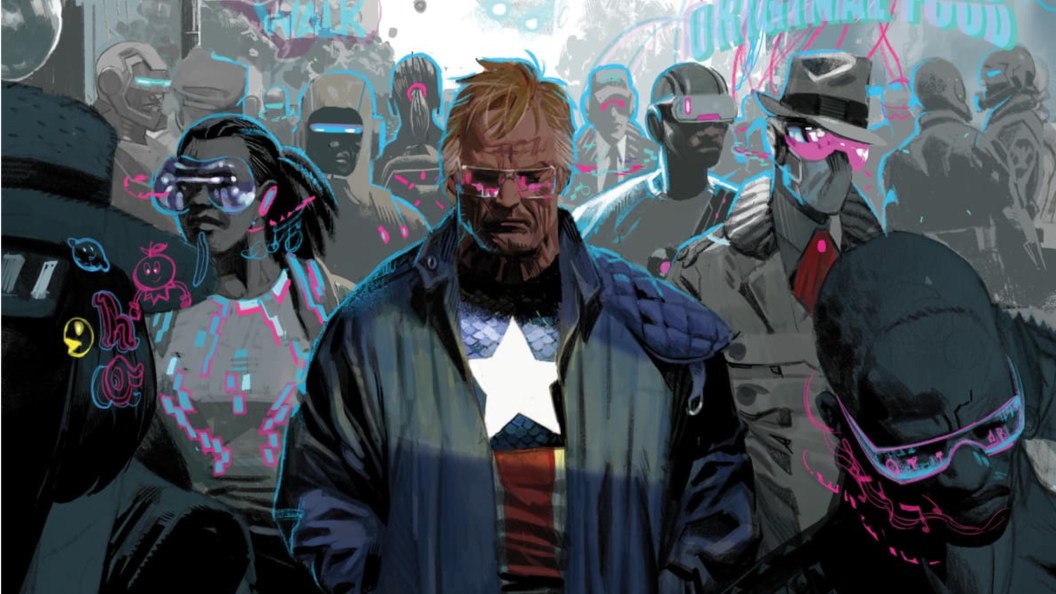An aged Captain America walking through of crowd of people enmeshed in their electronics