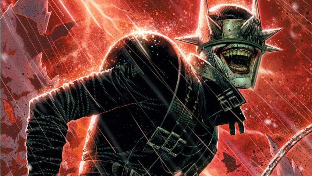 The Batman Who Laughs laughing in the rain under a red sky with lightning striking behind him