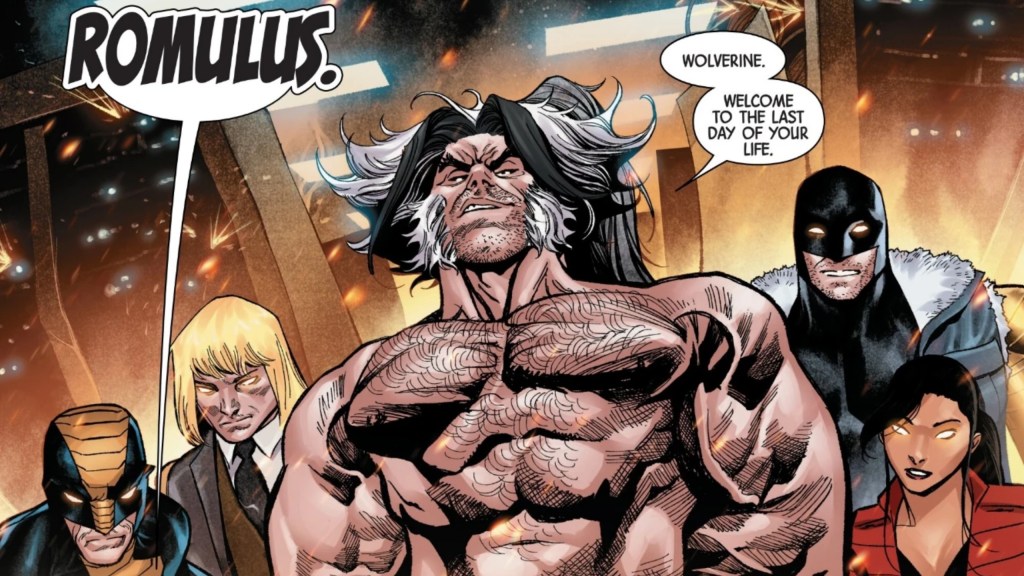 Romulus standing in front of Constrictor, Donald Pierce, Cyber, and Lady Deathstroke with Wolverine in the foreground