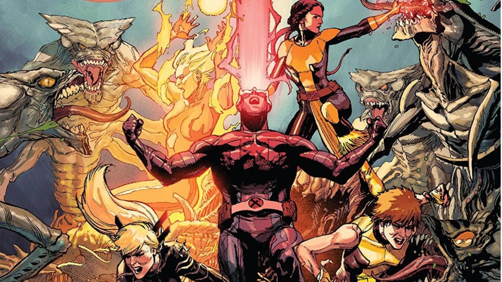 Cyclops fighting aliens alongside Magik, Magma, Dani Moonstar, and Wolfsbane