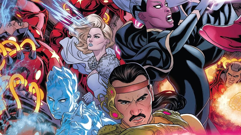 Forge, Iceman, Emma Frost, and Storm fighting armored goons