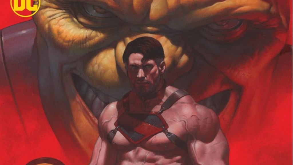 Gladiator Superman in front of a evilly smiling Mongul