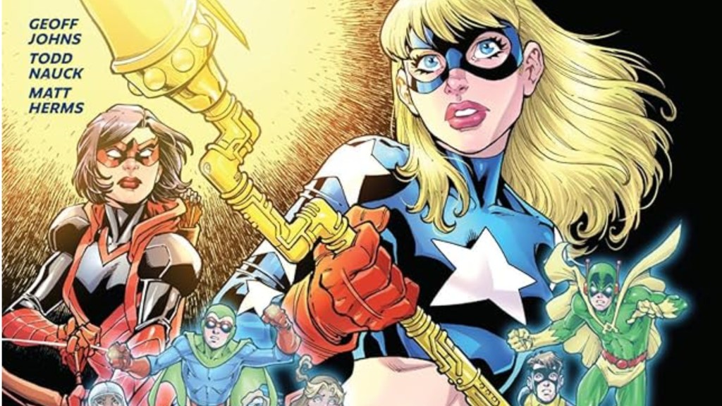 Stargirl holding the Cosmic Rod with a bunch of forgotten sidekicks