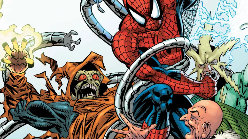 Spider-Man fighting Hobgoblin, Vulture, and Electro with Doctor Octopus's arms trying to grab him