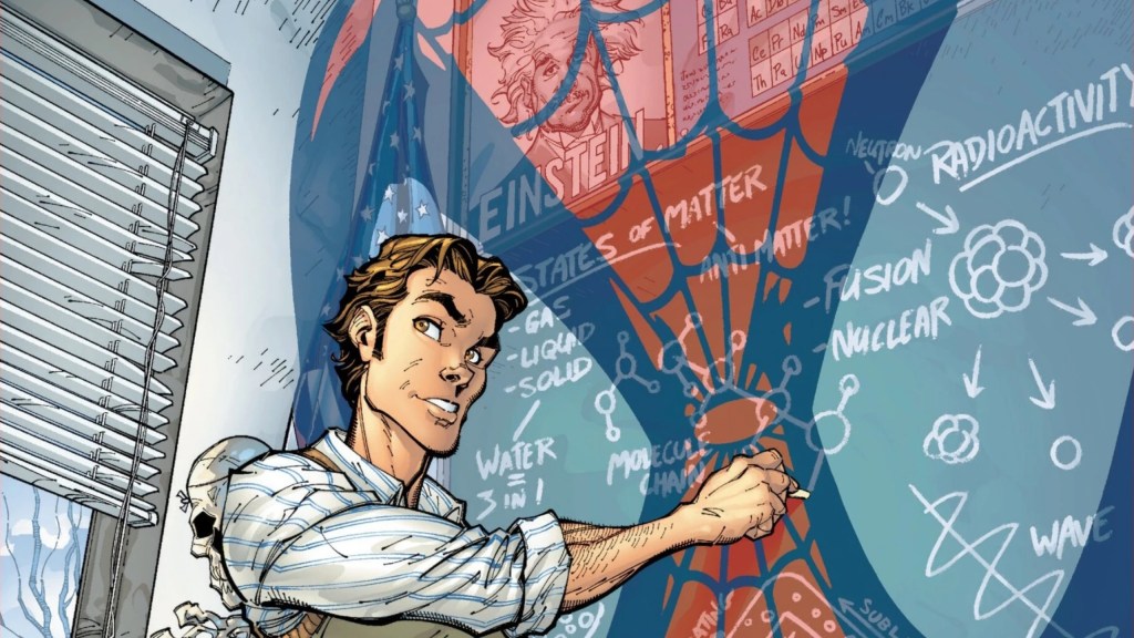 Peter Parker teaching science as a Spider-Man symbol is projected on the chalkboard