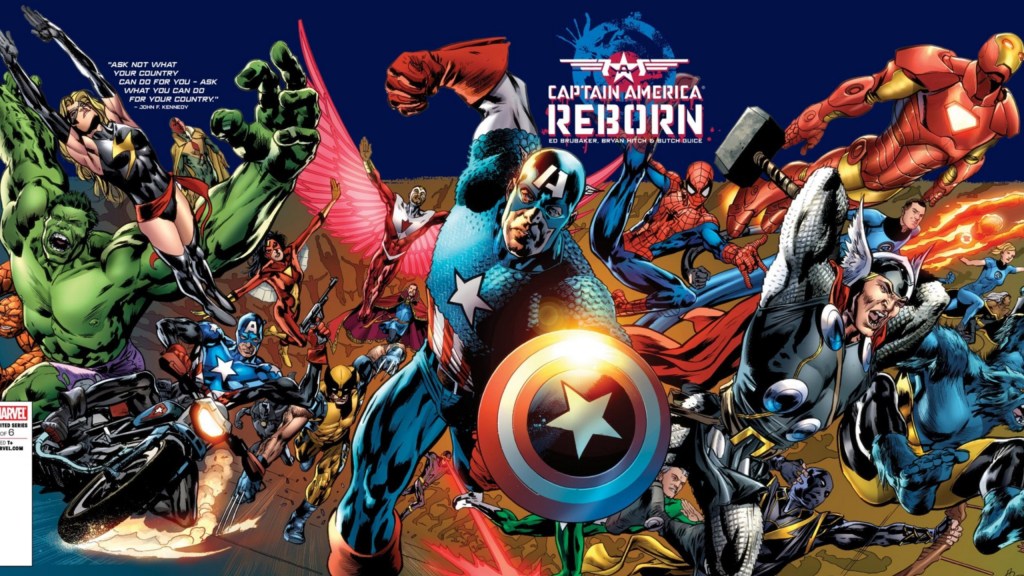 The cover to Captain America Reborn #6, featuring Captain America leading the heroes of the Marvel Universe